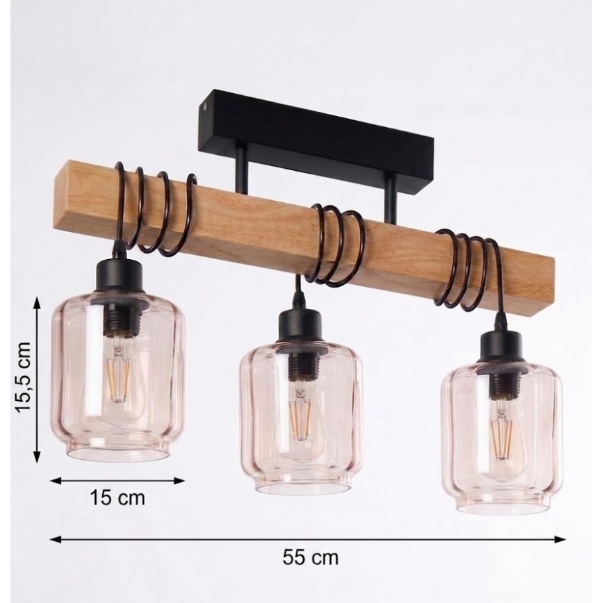 Brilagi - Stropni luster WOOD GLASS 3xE27/60W/230V borovina/crna/dimljeno bež
