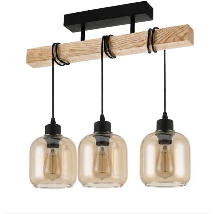 Brilagi - Stropni luster WOOD GLASS 3xE27/60W/230V borovina/crna/zadimljeno smeđa