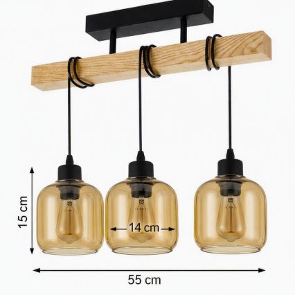 Brilagi - Stropni luster WOOD GLASS 3xE27/60W/230V borovina/crna/zadimljeno smeđa