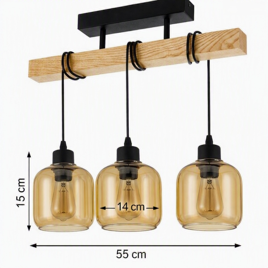 Brilagi - Stropni luster WOOD GLASS 3xE27/60W/230V borovina/crna/zadimljeno smeđa