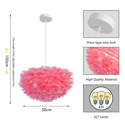 BRILAGI - Viseći luster na kabelu FEATHER 3xE27/40W/230V, Ø 50 cm, ružičasta