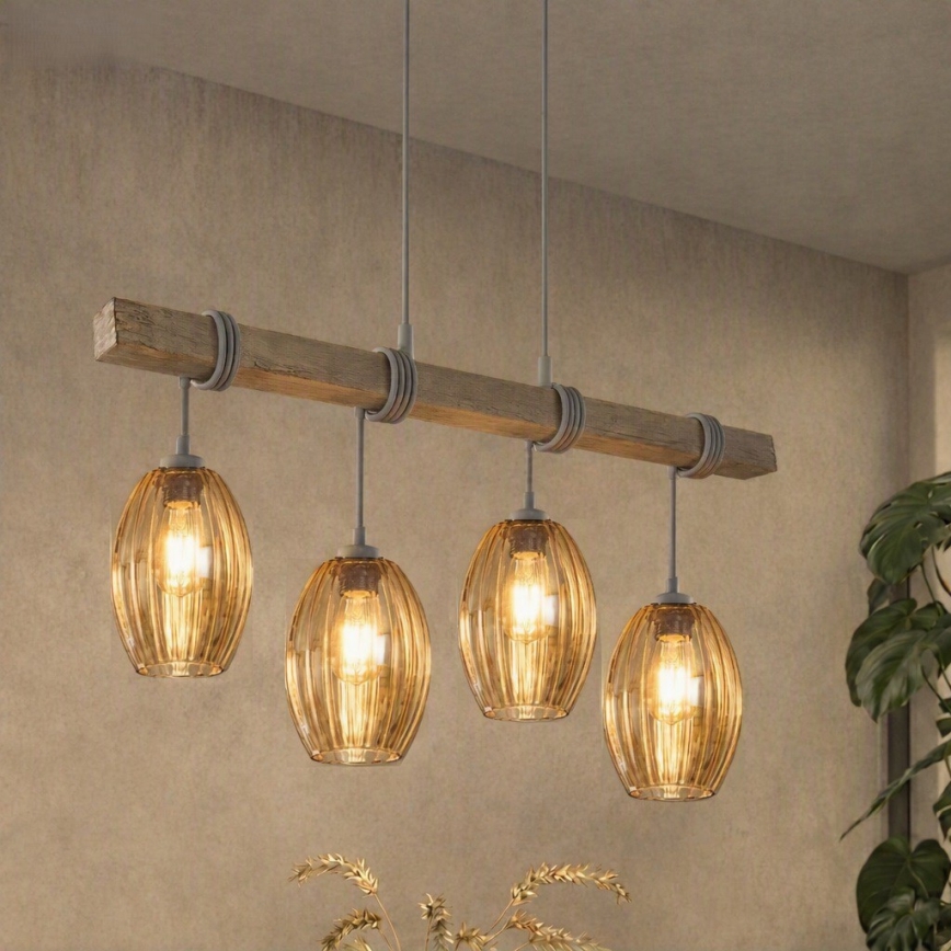 Brilagi - Luster na sajli WOOD GLASS 4xE27/60W/230V borovina/siva/zadimljeno-smeđa