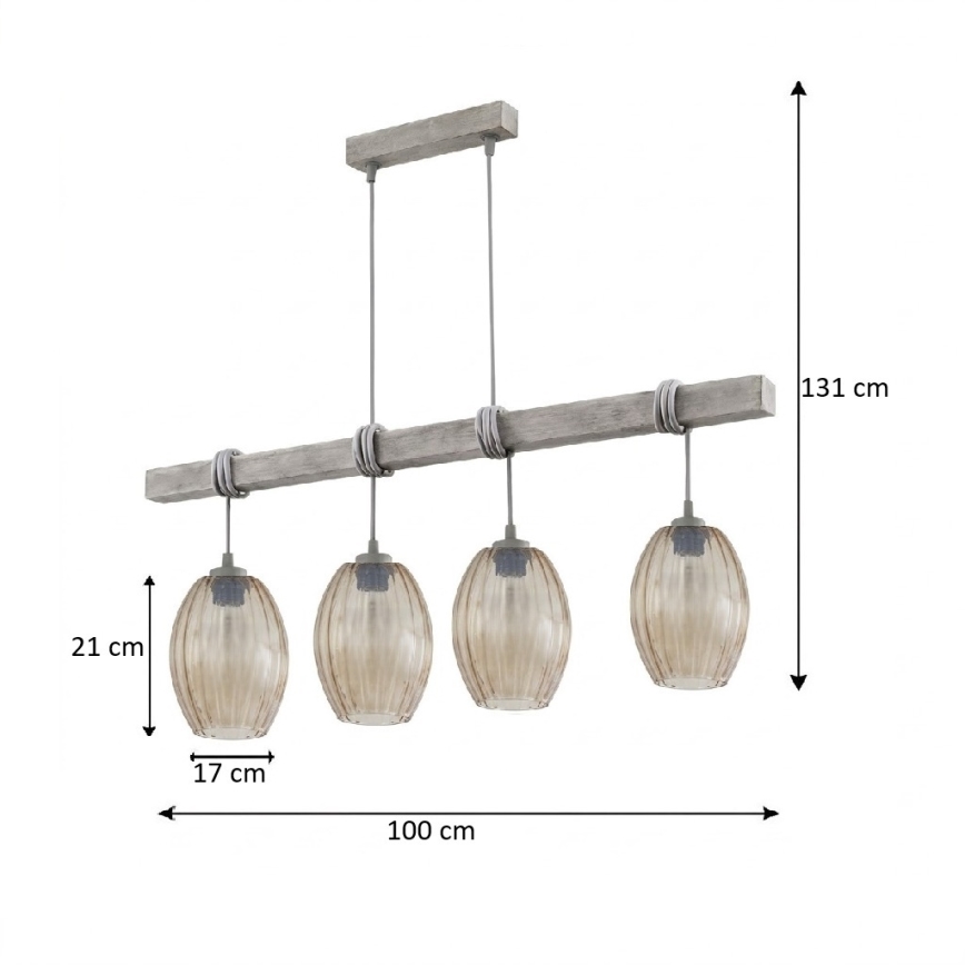 Brilagi - Luster na sajli WOOD GLASS 4xE27/60W/230V borovina/siva/zadimljeno-smeđa