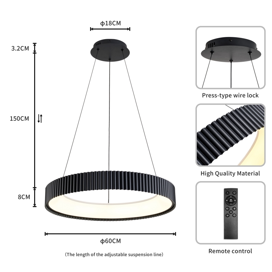 Brilagi - LED prigušivi luster na sajli FALCON MODERN LED/54W/230V 3000-6500K pr. 60 cm crna + daljinski upravljač