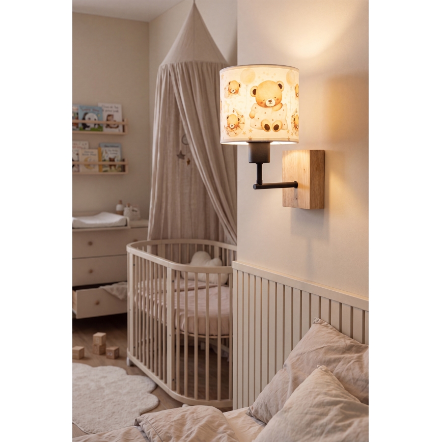 Brilagi - Dječja zidna svjetiljka BOBO WOOD 1xE27/25W/230V hrast/crna/bijela/medvjedići