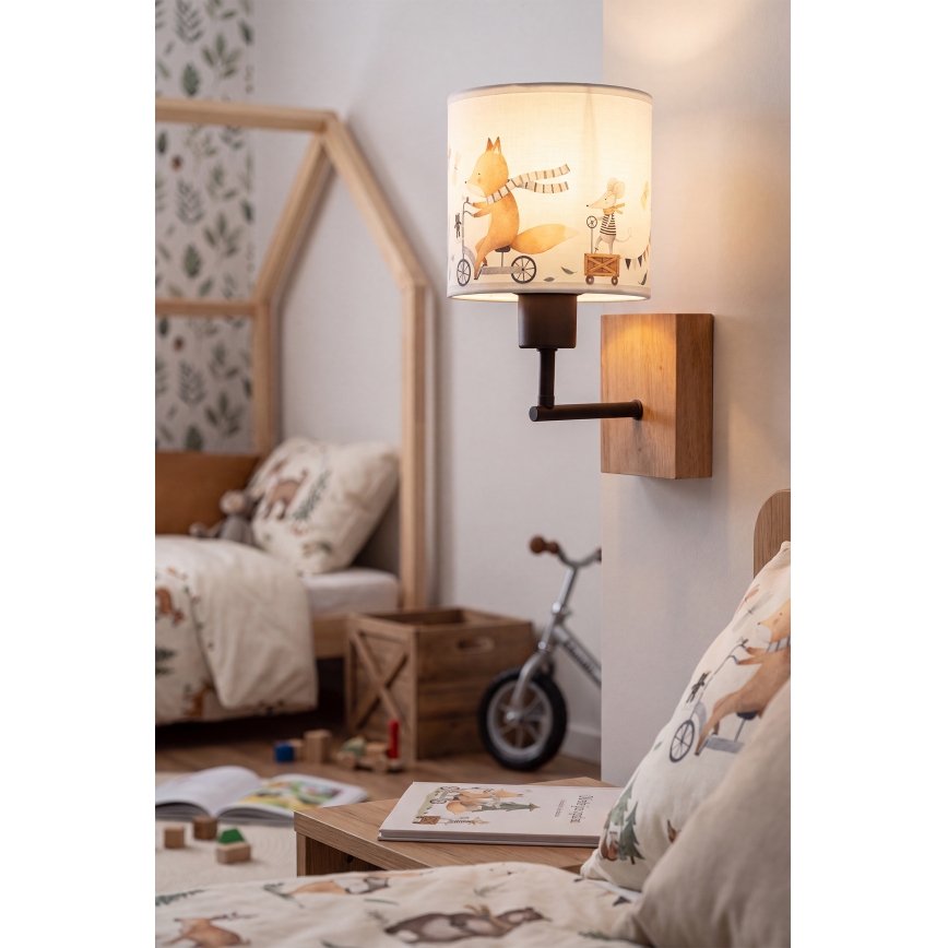 Brilagi - Dječja zidna svjetiljka BOBO WOOD 1xE27/25W/230V hrast/crna/bijela/sa životinjicama