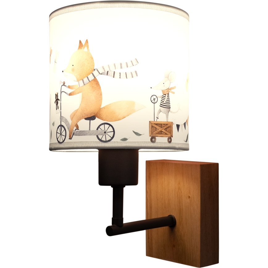 Brilagi - Dječja zidna svjetiljka BOBO WOOD 1xE27/25W/230V hrast/crna/bijela/sa životinjicama