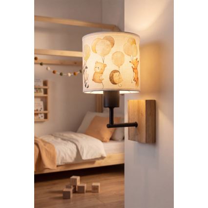 Brilagi - Dječja zidna svjetiljka BOBO WOOD 1xE27/25W/230V hrast/crna/bijela/životinjice