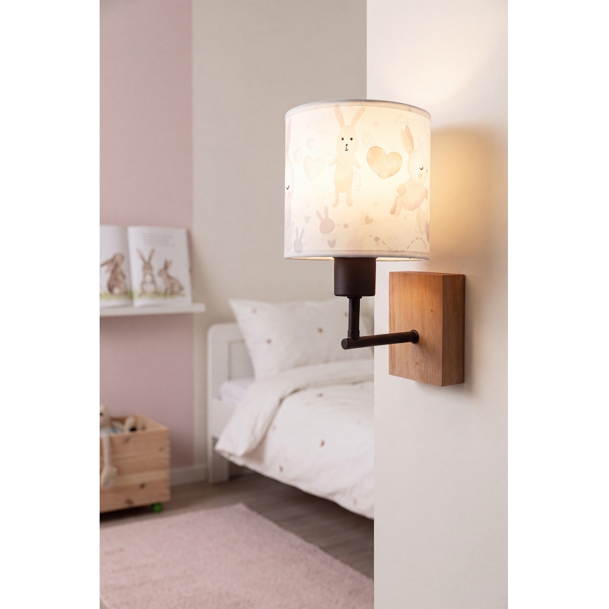 Brilagi - Dječja zidna svjetiljka BOBO WOOD 1xE27/25W/230V hrast/crna/bijela/zečići
