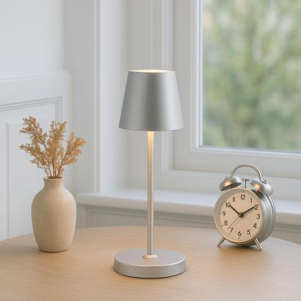 Brilliant - punjiva LED stolna lampa za vanjsku upotrebu s dodirnim upravljanjem i mogućnošću prigušivanja ELORA LED/2,5W/5V 2700K 2600 mAh IP44 srebrna
