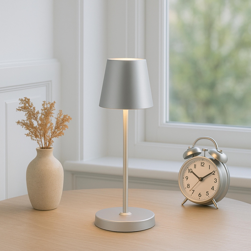 Brilliant - punjiva LED stolna lampa za vanjsku upotrebu s dodirnim upravljanjem i mogućnošću prigušivanja ELORA LED/2,5W/5V 2700K 2600 mAh IP44 srebrna