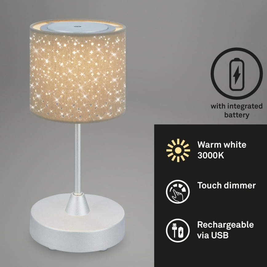 Brilo - LED Prigušiva punjiva vanjska stolna lampa LOLE LED/3W/5V 2000mAh IP44 srebrna/bež