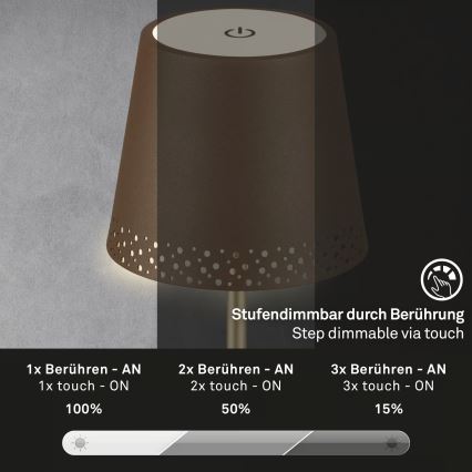 Brilo - LED s mogućnošću prigušivanja punjiva dodirna vanjska stolna lampa KIKI LED/2,6W/5V IP44 2600 mAh smeđa