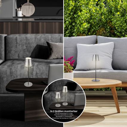 Brilo - punjiva LED stolna vanjska lampa KIKI, s dodirnim prigušivanjem, LED/2,6W/5V IP44 2600 mAh srebrna