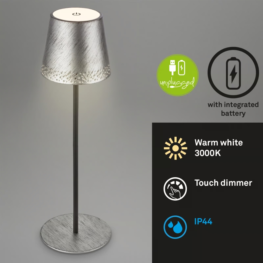 Brilo - punjiva LED stolna vanjska lampa KIKI, s dodirnim prigušivanjem, LED/2,6W/5V IP44 2600 mAh srebrna
