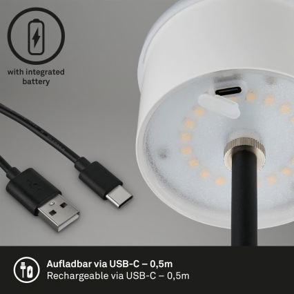 Brilo - punjiva LED stolna vanjska lampa KIKI, s dodirnim prigušivanjem, LED/2,6W/5V IP44 2600 mAh srebrna
