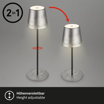 Brilo - punjiva LED stolna vanjska lampa KIKI, s dodirnim prigušivanjem, LED/2,6W/5V IP44 2600 mAh srebrna