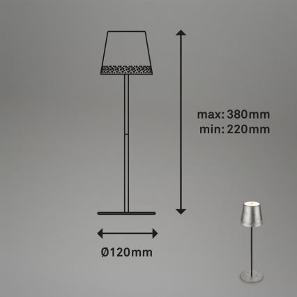 Brilo - punjiva LED stolna vanjska lampa KIKI, s dodirnim prigušivanjem, LED/2,6W/5V IP44 2600 mAh srebrna