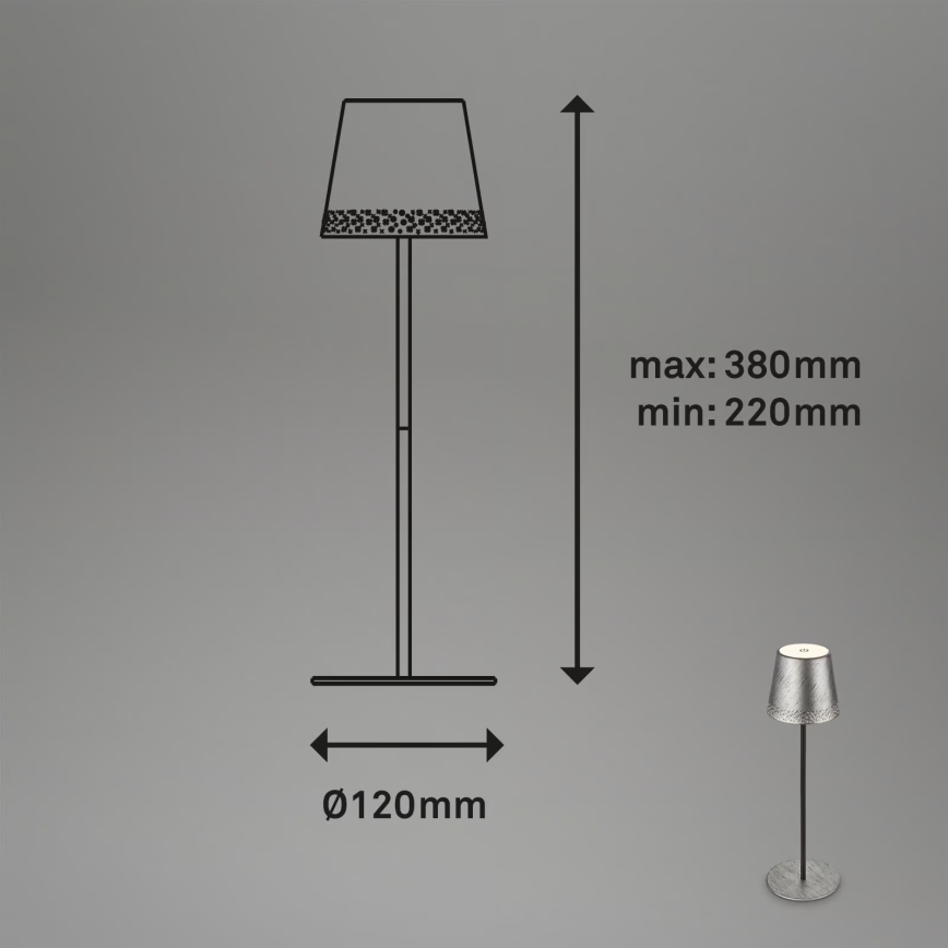Brilo - punjiva LED stolna vanjska lampa KIKI, s dodirnim prigušivanjem, LED/2,6W/5V IP44 2600 mAh srebrna