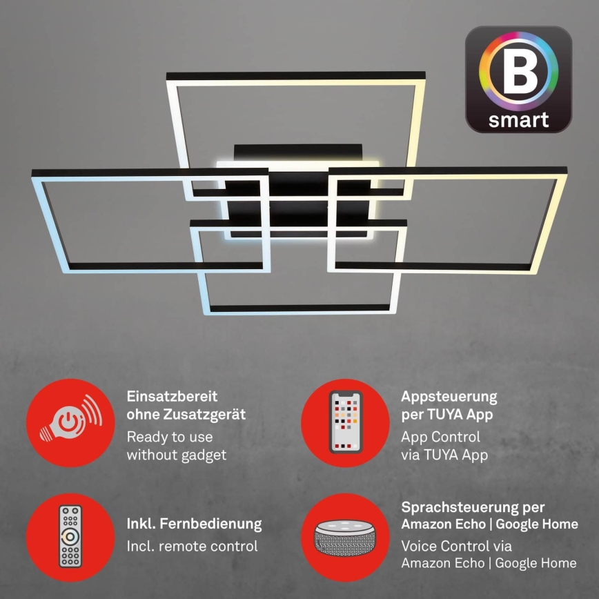 Brilo - LED stropna svjetiljka s mogućnošću prigušivanja FRAME LED/50W/230V 2700-6500K 72,4x72,4cm crna Wi-Fi Tuya + daljinski upravljač