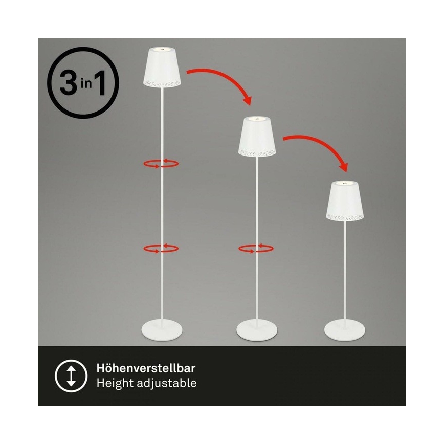 Briloner 1438016 - LED Prigušiva dodirna podna lampa 3u1 LED/3,5W/5V IP44 3000K 38-130 cm bijela