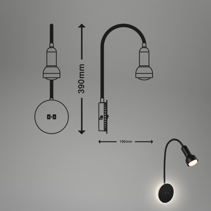 Briloner 2178015 - LED Zidna fleksibilna lampa 1xE14/10W/230V + LED/3W crna