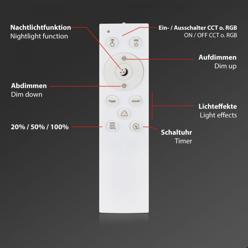 Briloner 3709-016 - LED RGBW Prigušiva stropna svjetiljka LED/22W/230V 4000K pr. 38 cm bijela + daljinski upravljač