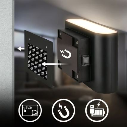 Briloner 3878015 - Punjiva LED zidna svjetiljka s senzorom pokreta i sumraka CHAT LED/3W/5V 2000 mAh crna