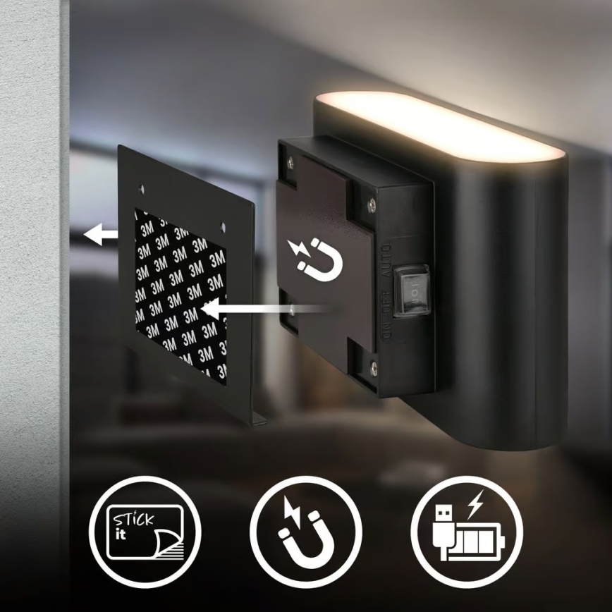 Briloner 3878015 - Punjiva LED zidna svjetiljka s senzorom pokreta i sumraka CHAT LED/3W/5V 2000 mAh crna