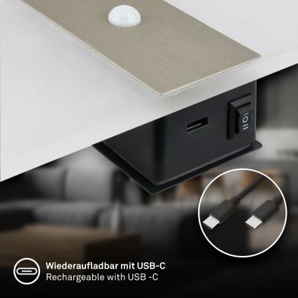 Briloner 3888012 - LED punjiva zidna svjetiljka s senzorom pokreta i sumraka AURA LED/2,5W/5V 1800 mAh matni krom