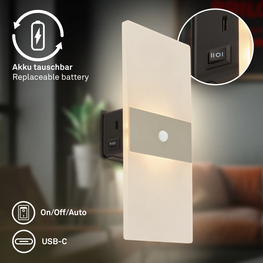 Briloner 3888012 - LED punjiva zidna svjetiljka s senzorom pokreta i sumraka AURA LED/2,5W/5V 1800 mAh matni krom