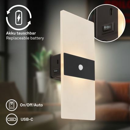 Briloner 3888015 - LED punjiva zidna svjetiljka s senzorom pokreta i sumraka AURA LED/2,5W/5V 1800 mAh crna