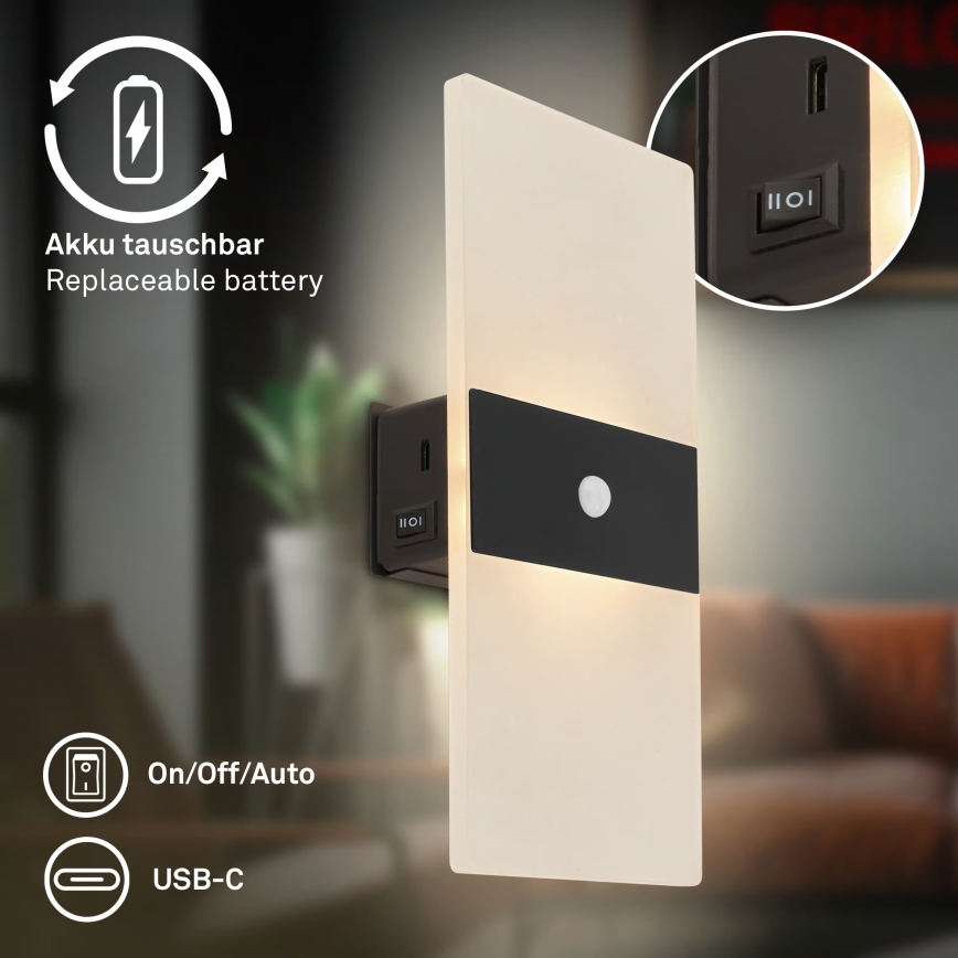 Briloner 3888015 - LED punjiva zidna svjetiljka s senzorom pokreta i sumraka AURA LED/2,5W/5V 1800 mAh crna