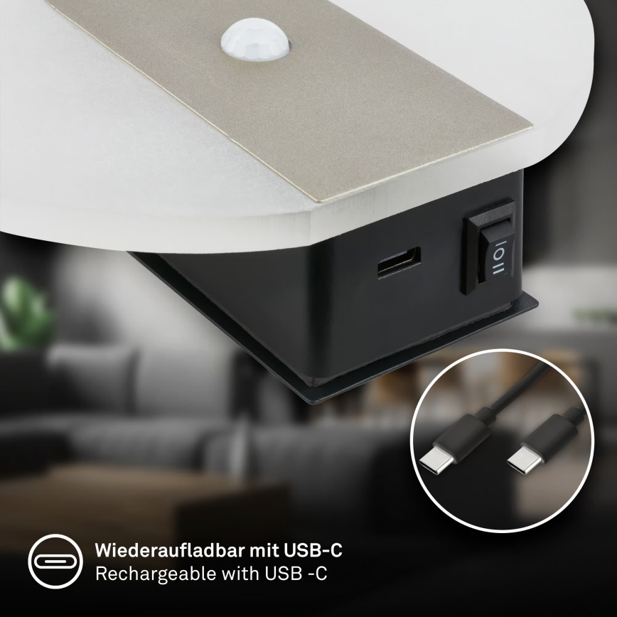 Briloner 3889012 - LED punjivo zidno svjetlo s detektorom pokreta i sumraka TARO LED/2,5W/5V 1800 mAh matni krom