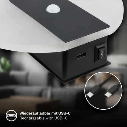Briloner 3889015 - LED punjiva zidna svjetiljka s detektorom pokreta i senzora za sumrak TARO LED/2,5W/5V 1800 mAh crna