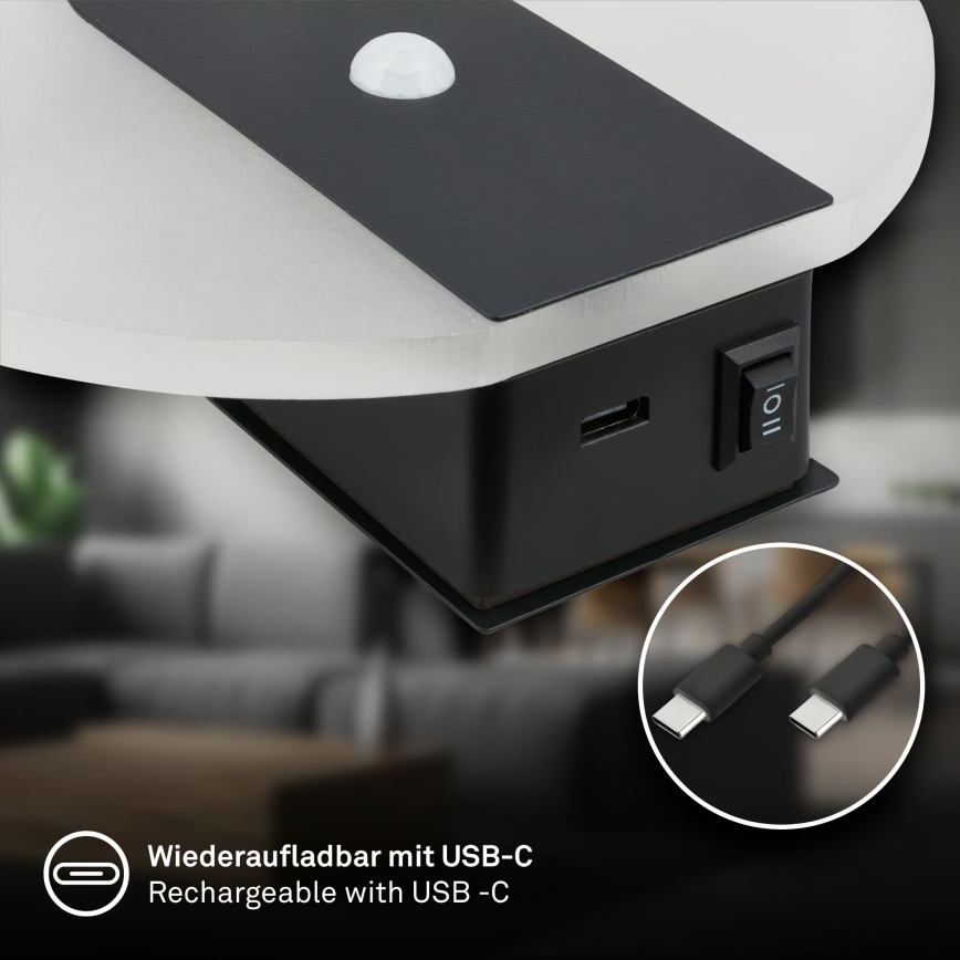 Briloner 3889015 - LED punjiva zidna svjetiljka s detektorom pokreta i senzora za sumrak TARO LED/2,5W/5V 1800 mAh crna