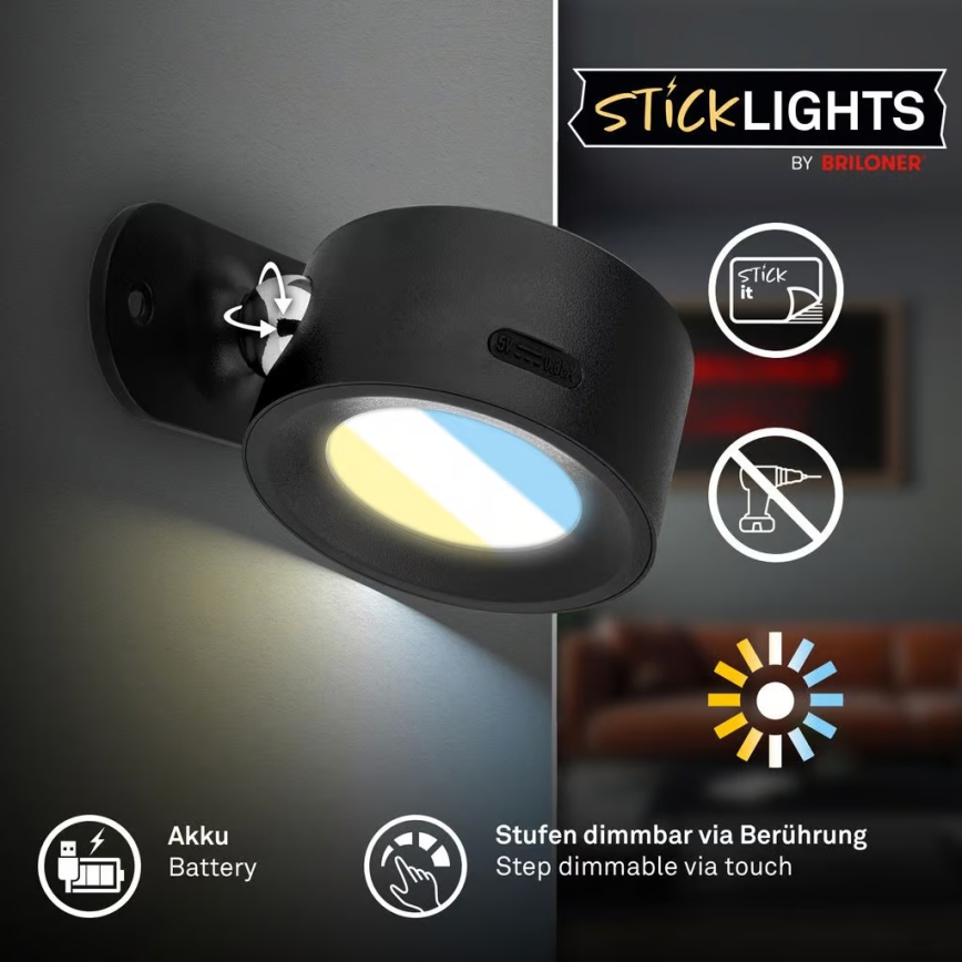 Briloner 3896015 - LED s mogućnošću prigušivanja, punjiva zidna svjetiljka TARI LED/1,6W/5V 1500 mAh crna