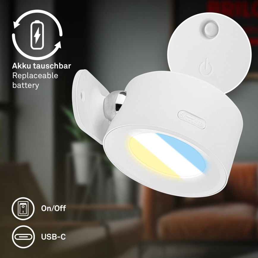 Briloner 3896016 - LED punjiva zidna svjetiljka TARI s podesivom svjetlinom LED/1,6W/5V 1500 mAh bijela