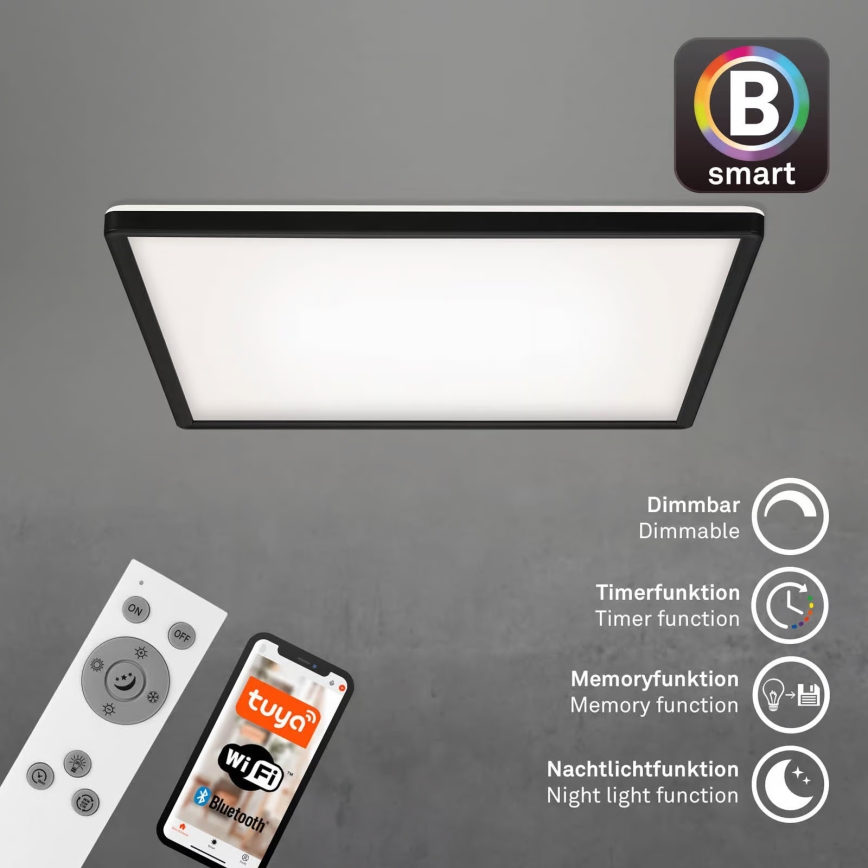 Briloner 7060-015 - LED prigušivi nadgradni SLIM panel LED/22W/230V 2700-6500K 42x42 cm crni Wi-Fi Tuya + daljinski upravljač