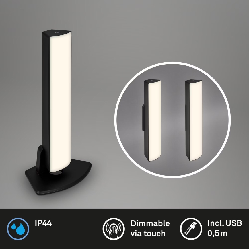 Briloner 7474-015 - LED Prigušiva dodirna punjiva vanjska stolna lampa 2u1 LED/7W/5V 2x2200 mAh USB 3000K IP44 crna