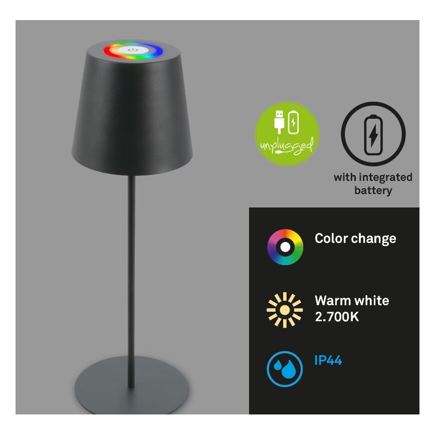 Briloner 7507015 - LED RGB prigušiva punjiva vanjska stolna svjetiljka 2 u 1 LED/2,5W/5V IP44 1200 mAh antracit