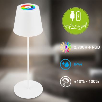 Briloner 7510016 - LED RGBW s mogućnošću prigušivanja vanjska punjiva stolna svjetiljka CALIDA LED/2,5W/5V IP44 1200 mAh bijela