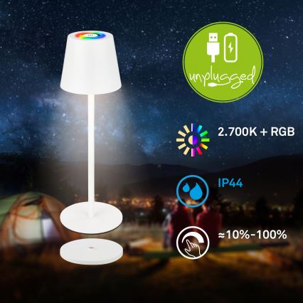 Briloner 7517016 - CILANO vanjska punjiva stolna LED svjetiljka RGBW, prigušiva, LED/3W/5V, IP44, 2000 mAh, bijela