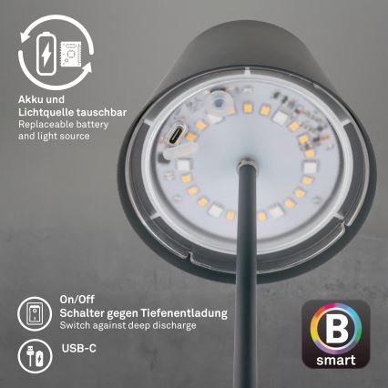 Briloner 7559015 - LED RGB s prigušivanjem punjiva vanjska stolna svjetiljka COLORIS LED/3,5W/5V IP44 2000 mAh antracit Wi-Fi Tuya