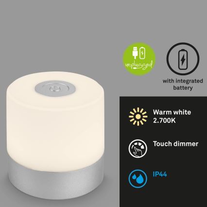 Briloner - LED vanjska stolna lampa na dodir, punjiva, s prigušivanjem LED/2W/5V 2700K IP44 1200 mAh matirani krom