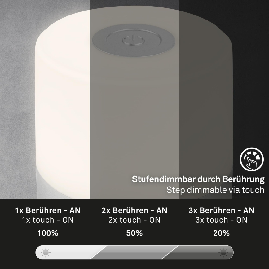 Briloner - LED vanjska stolna lampa na dodir, punjiva, s prigušivanjem LED/2W/5V 2700K IP44 1200 mAh matirani krom