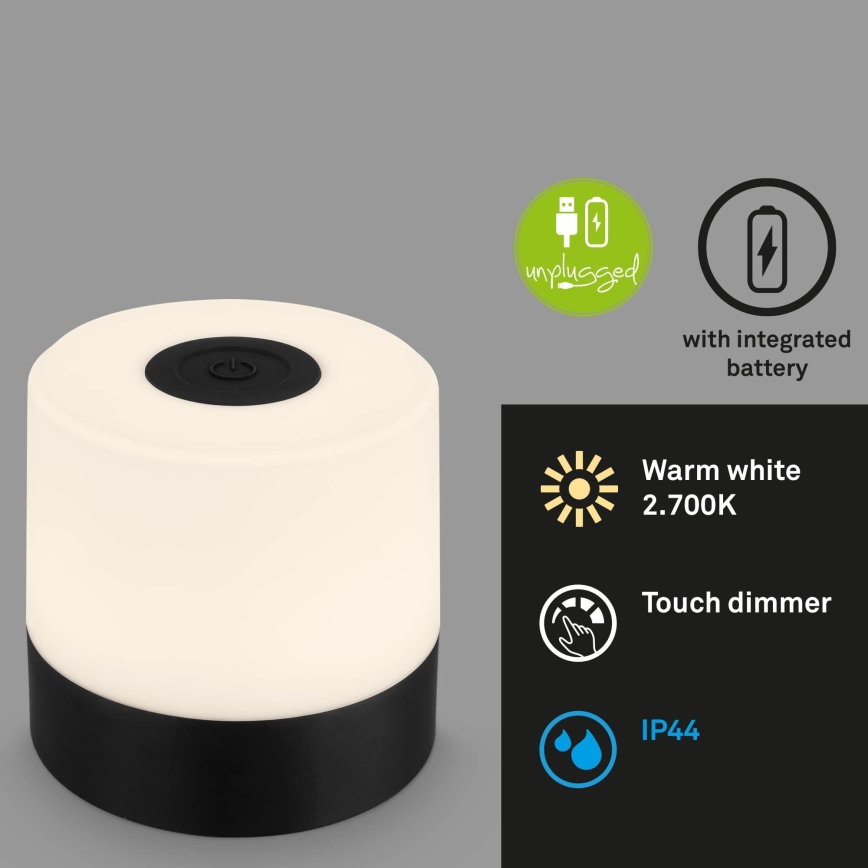 Briloner - Punjiva LED stolna lampa za vanjsku upotrebu s dodirnim upravljanjem i mogućnošću prigušivanja LED/2W/5V 2700K IP44 1200 mAh crna