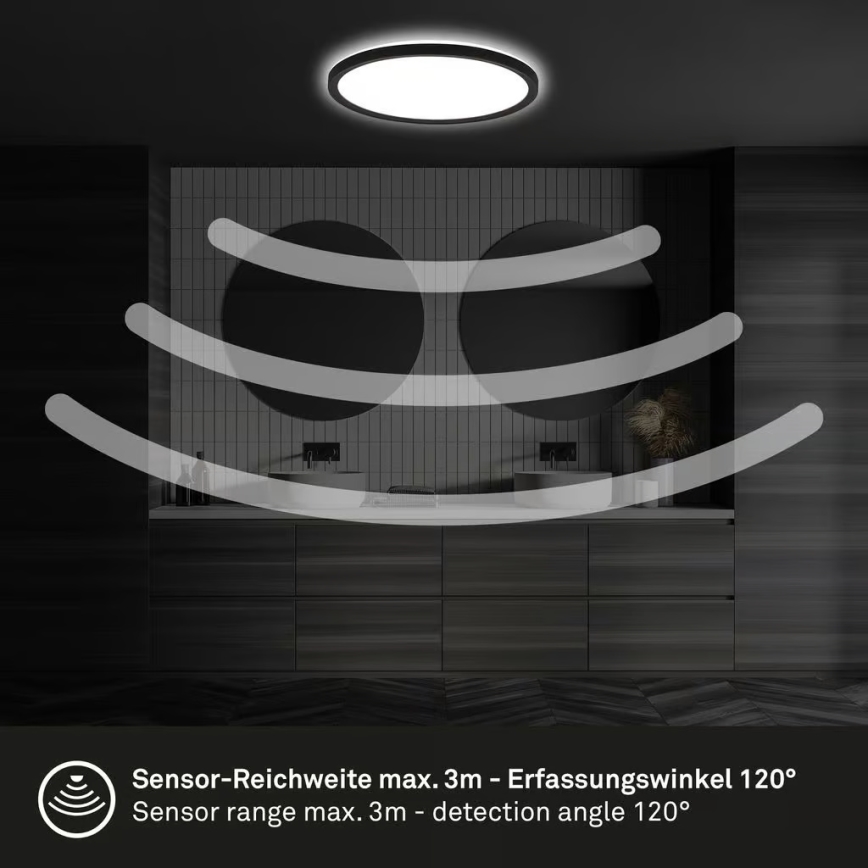 Briloner - LED kupaonsko stropno svjetlo s senzorom pokreta MOVE LED/18W/230V IP44 Ø 29 cm crno
