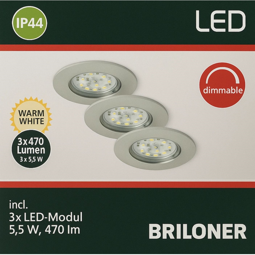 Briloner - SET 3x LED Prigušiva ugradbena svjetiljka za kupaonicu LED/5,5W/230V IP44
