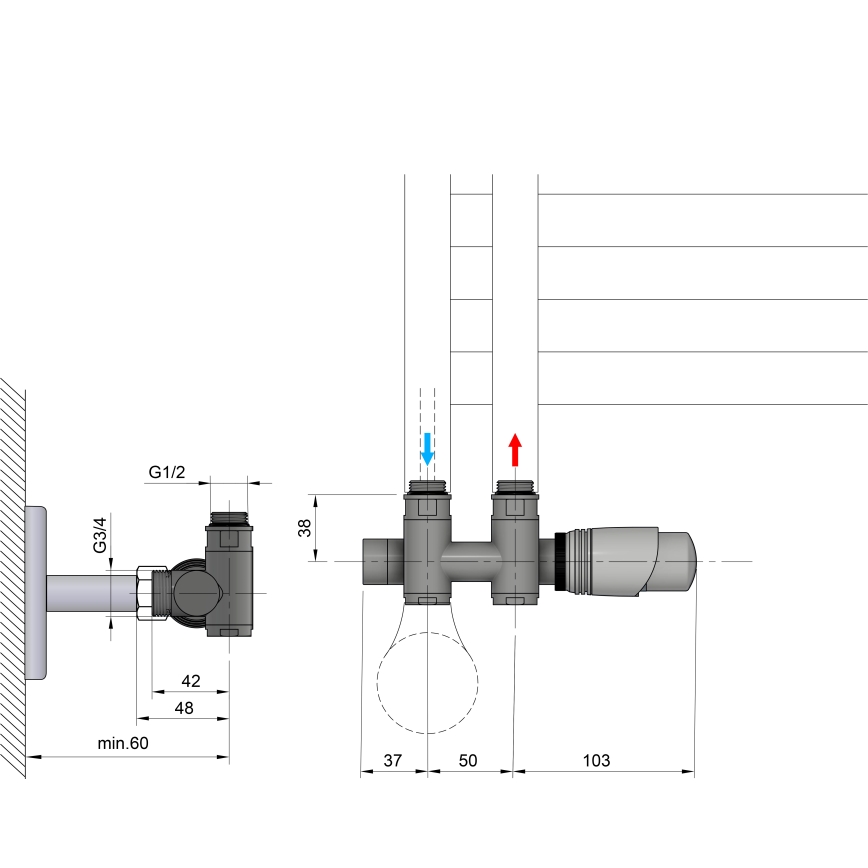 Bruckner - Termostatski priključni set za središnje spajanje WICHER COMBI mat crna